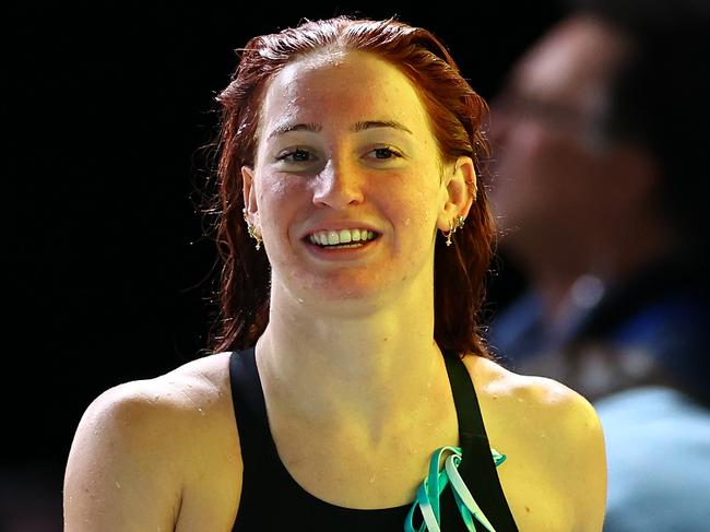 BRISBANE, AUSTRALIA - JUNE 14: Mollie O'Callaghan of Queensland reacts after competing in the Womenâs 100m Freestyle Final during the 2024 Australian Swimming Trials at Brisbane Aquatic Centre on June 14, 2024 in Brisbane, Australia. (Photo by Quinn Rooney/Getty Images)