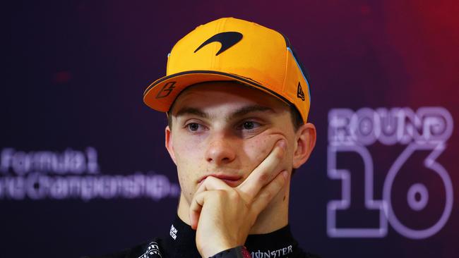 MONZA, ITALY - SEPTEMBER 01: Third placed Oscar Piastri of Australia and McLaren attends the Drivers Press Conference during the F1 Grand Prix of Italy at Autodromo Nazionale Monza on September 01, 2024 in Monza, Italy. (Photo by Clive Rose/Getty Images)