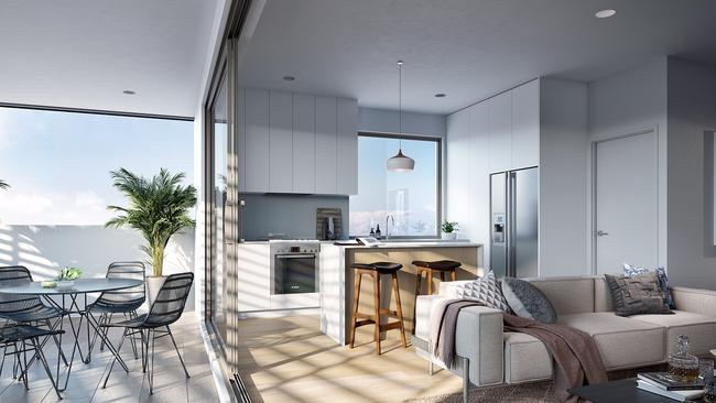 An artist impression showing the outdoor area and living area and kitchen of a Neo apartment.