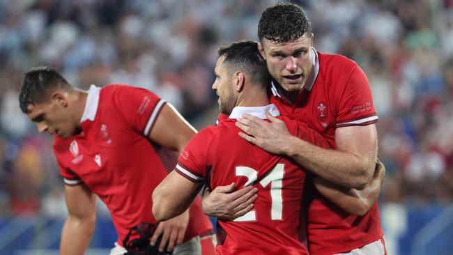 Wales lock Will Rowlands celebrates with scrum-half Tomos Williams after their win over Fiji. Picture: AFP