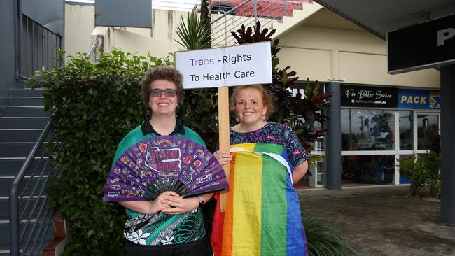 The Cairns trans community and supporting family members protest the State Government's pause on gender therapy including puberty blockers and hormone treatments. Trans boy Matt Seaton, 16 with mum Erin Seaton. Picture: Arun Singh Mann