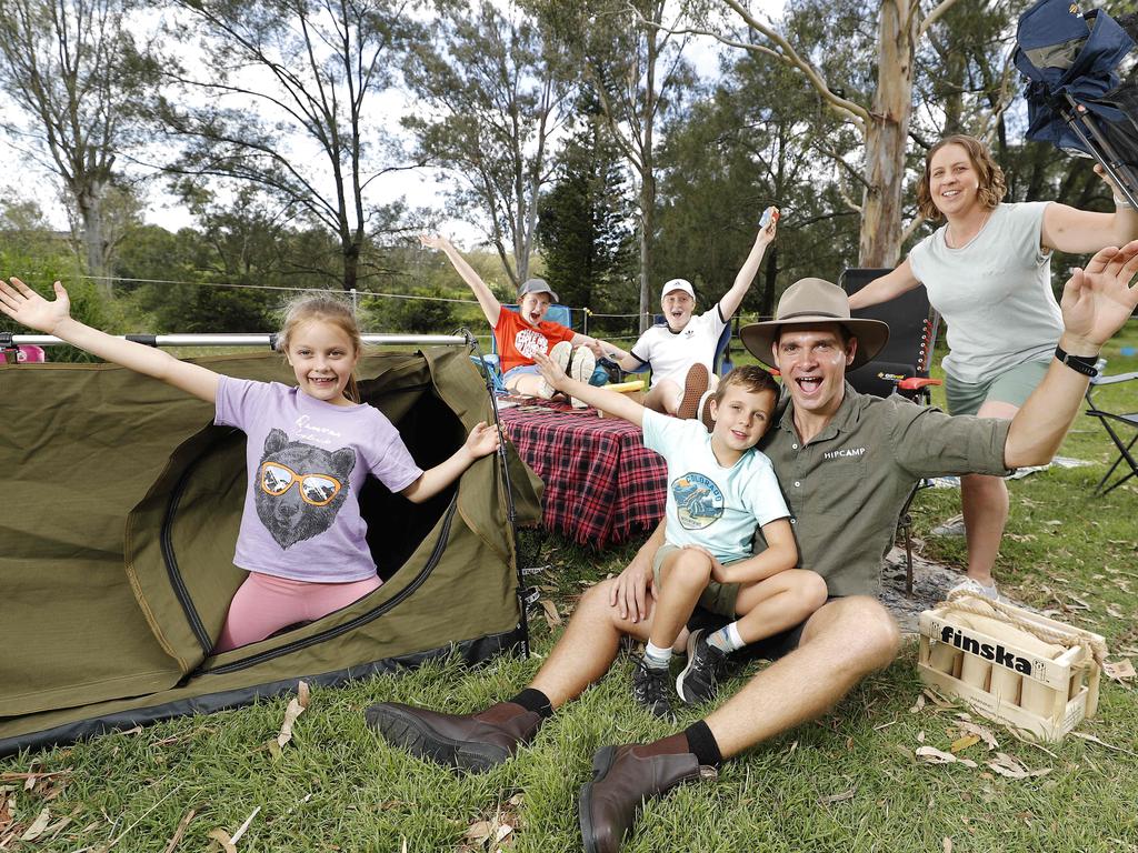 Alice, 7, Emma, 11, Becky, 14, Ben, 7, Kenneth and Debs Sauer at Riverfront Hobby Farm in Moggill as part of Hipcamp outdoor stays. Picture: Josh Woning