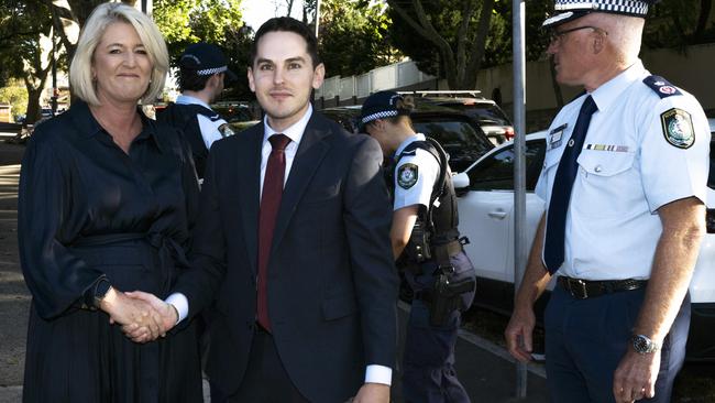 NSW Police Minister Yasmin Catley, left, shaking hands with NSW Jewish Board of Deputies president David Ossip. Picture: Monique Harmer