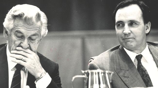 In Bob Hawke, left, Paul Keating had a partner who ‘expertly managed the vested interests’. Picture: Michael Jones