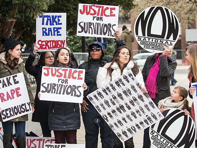 Demonstrators shouted, ‘No more silence, stop sexual violence!’ outside the court just northwest of Philadelphia. Picture: MEGA TheMegaAgency.com