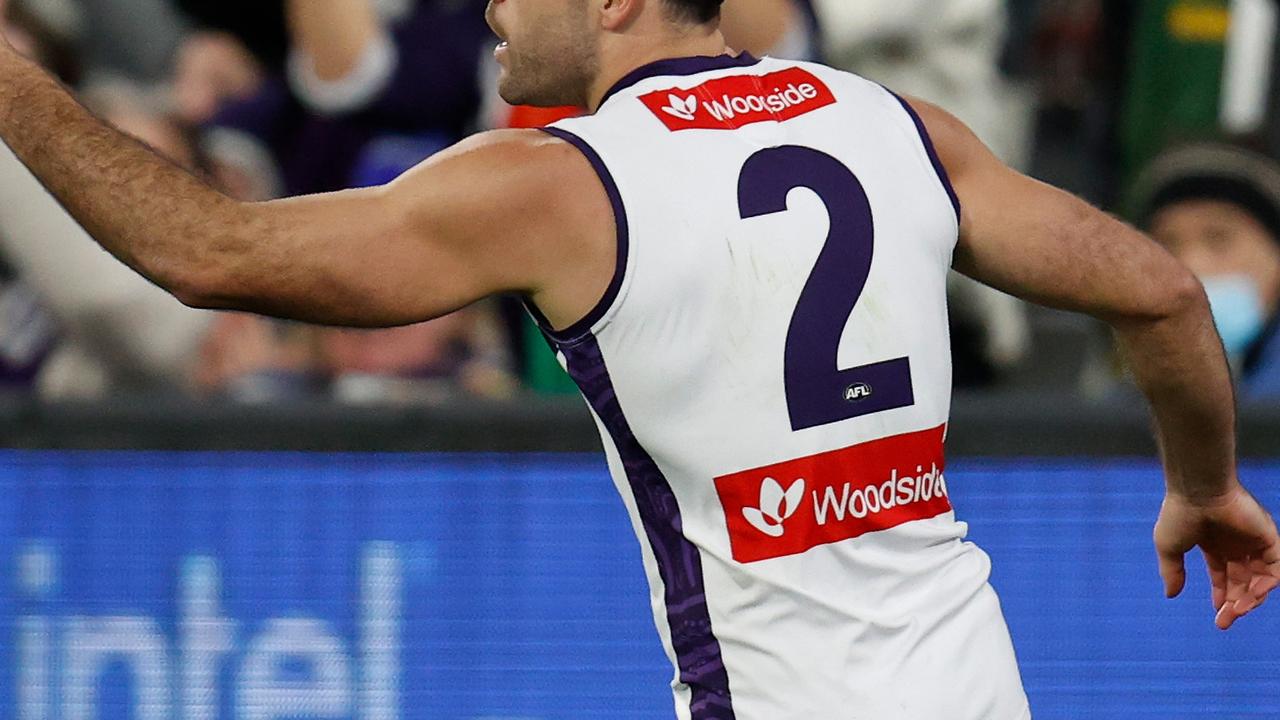 Woodside is prominent on the back of Fremantle jerseys. Picture: Michael Willson/AFL Photos via Getty Images