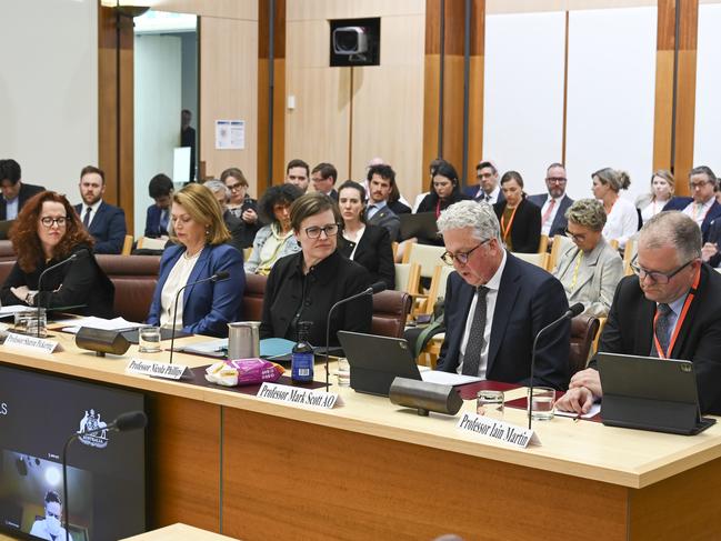 CANBERRA, Australia - NewsWire Photos - September 20, 2024: (L-R)Australian National University (ANU) Vice-Chancellor and President, Professor Genevieve Bell, Monash University Vice-Chancellor and President, Professor Sharon Pickering, University of Melbourne  A/g Vice-Chancellor, Professor Nicola Phillips, University of Sydney Vice-Chancellor and President, Professor Mark Scott, Deakin University Vice-Chancellor Professor Iain Martin appear at the second inquiry into antisemitism at universities at Parliament House in Canberra. Picture: NewsWire / Martin Ollman