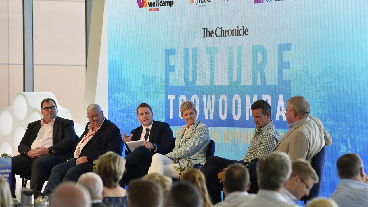 Future Toowoomba panel (from left) Mark Mason of TSBE, John Wagner of Wagner Corporation, Jordan Philp of The Chronicle, Olympian Nat Cook, Todd Rohl of Toowoomba Chamber and Mike Stewart of LJ Hooker during the panel discussion at Wellcamp Airport, Friday, December 3, 2021. Picture: Kevin Farmer