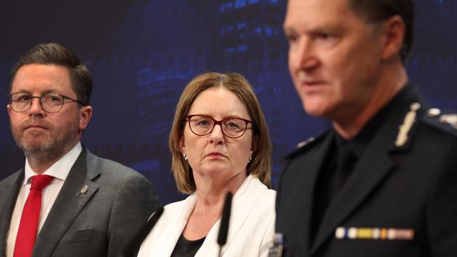 Victorian Premier Jacinta Allan with Police Minister Anthony Carbines and Chief Commissioner Shane Patton. Picture: David Caird