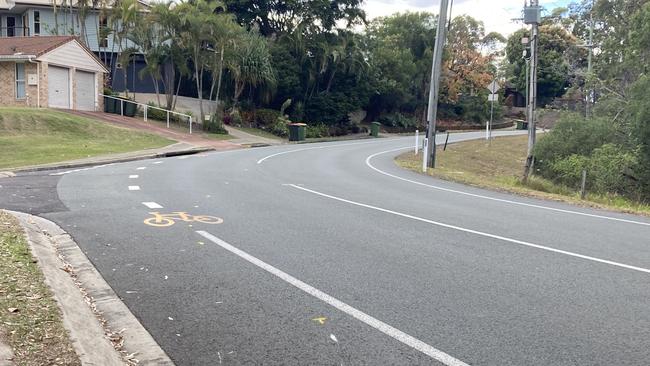 Yellow marks on Sunset Drive which indicate the rider's last movements before he fatally struck a white Toyota Camry. Photo: Elizabeth Neil