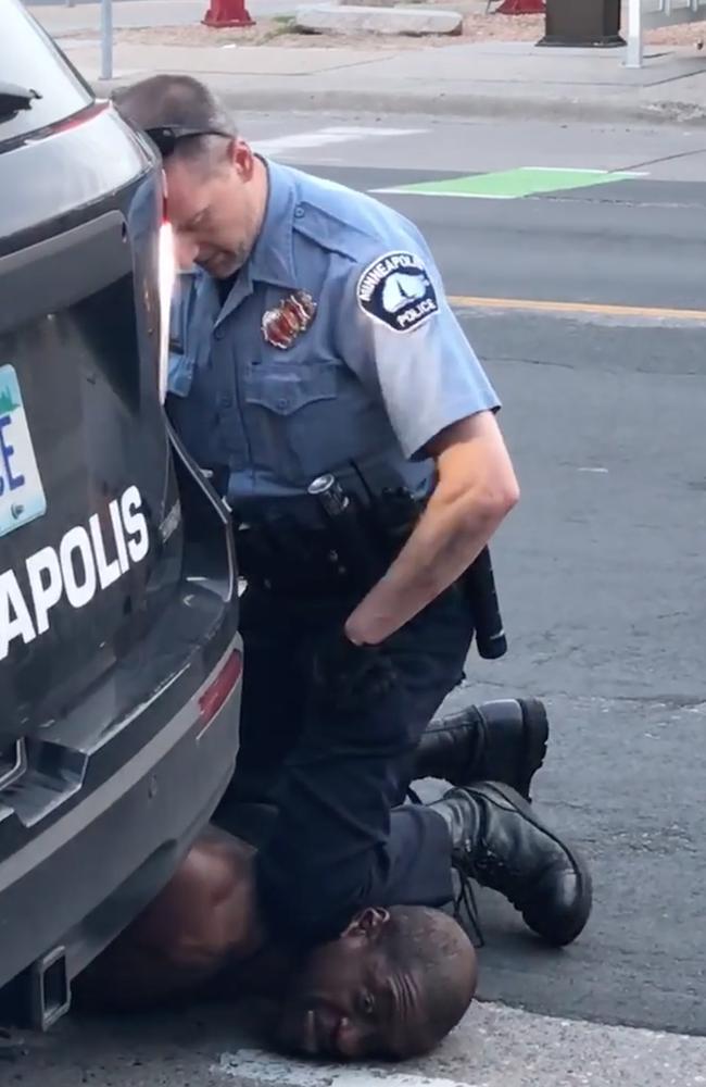 Police officer Derek Chauvin has his knee on the neck of George Floyd. Picture: AFP/Facebook