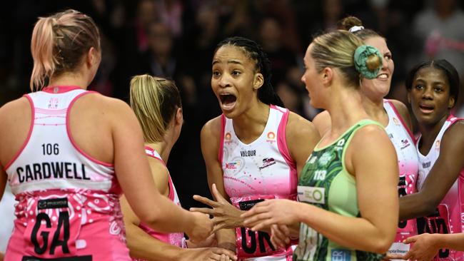 The Thunderbirds celebrate a chaotic win over the Fever. (Photo by Sue McKay/Getty Images)