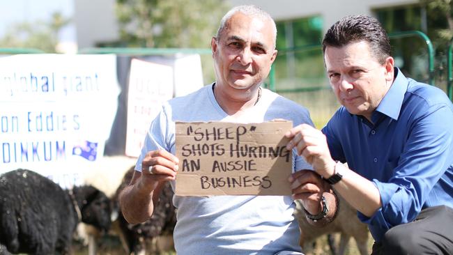 Nick Xenophon protesting with Australian Ugg boot maker Eddie Oygur in California in 2017. 