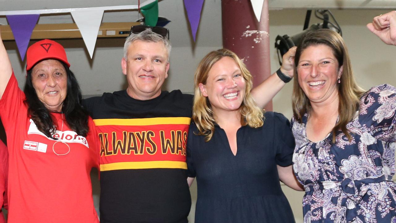 “Incredibly disappointed”: South Barwon MP Darren Cheeseman flanked by his former local Labor colleagues Christine Couzens, Ella George and Alison Marchant celebrating the November 2022 state election result. Picture: Mark Wilson.