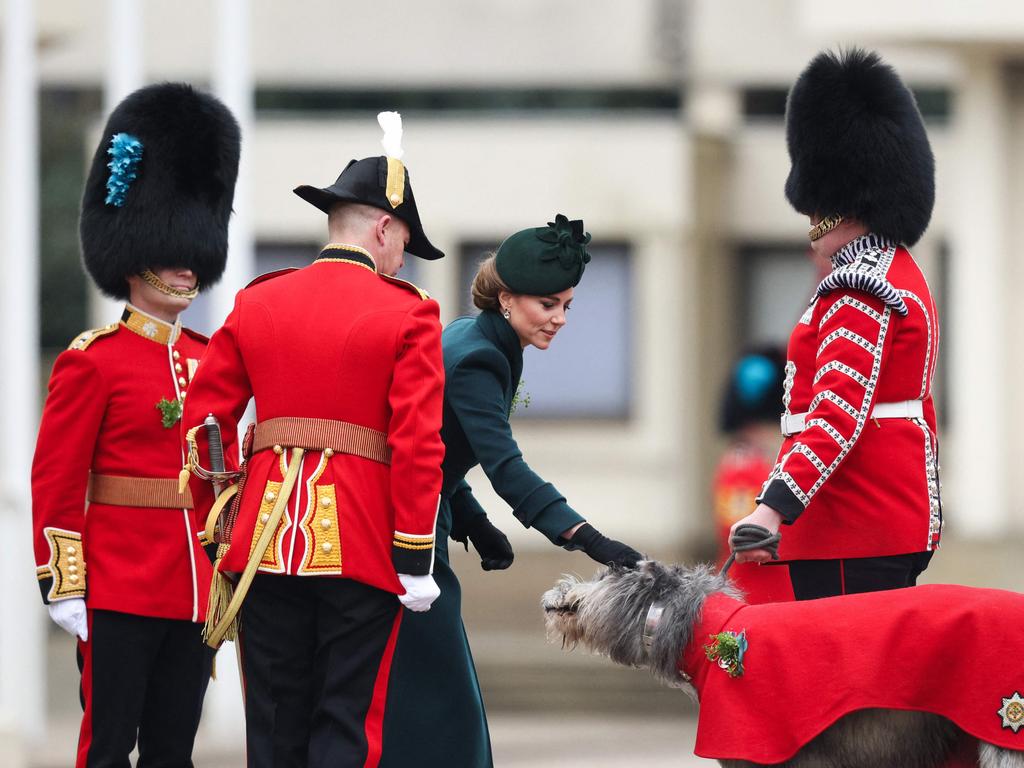 The Princess of Wales pets the Irish wolfhound named Turlough Mor as she attends St Patrick's Day Parade at Wellington Barracks. Picture: AFP