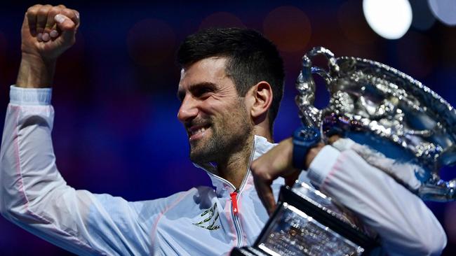 Novak Djokovic celebrates with the trophy. Picture: AFP Images