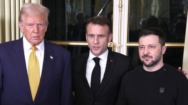 French President Emmanuel Macron with Ukrainian president Vladimir Zelenskyy (R) and President-elect Donald Trump at the Elysee Palace on December 7. Picture: Getty Images