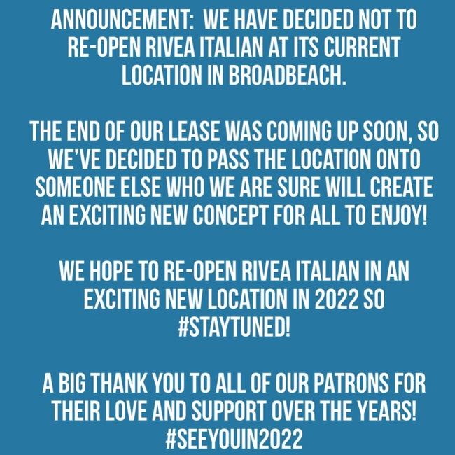 Rivea Italian's Facebook message to patrons.