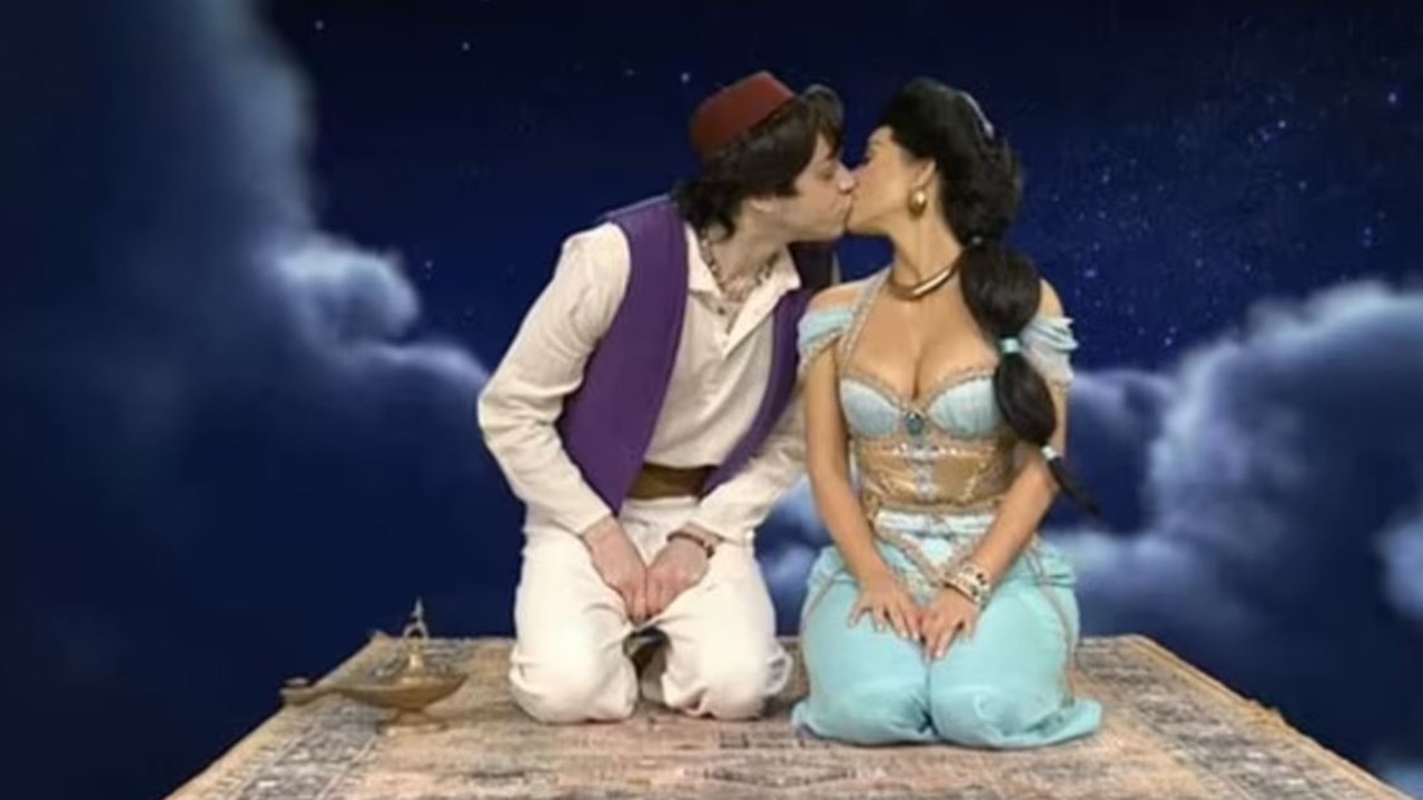 Pete Davidson and Kim Kardashian kiss during a skit on SNL. Picture: NBC