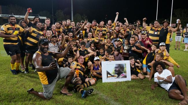 Darwin Dragons celebrate back-to-back A-grade premierships after win over Casuarina Cougars. Picture: Leithal Pictures