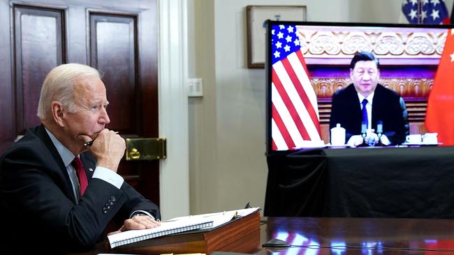 US President Joe Biden meets with China's President Xi Jinping during a virtual summit in November 2021. Picture: AFP