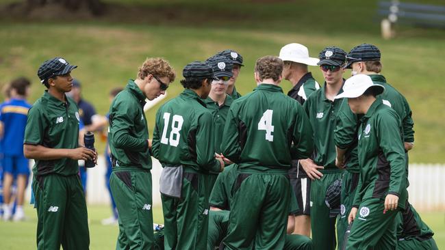 Brisbane Boys College (BBC) during a break against Toowoomba Grammar School (TGS) in round 1 GPS Competition 1st cricket at Mills Oval, TGS, Saturday, February 1, 2025. Picture: Kevin Farmer
