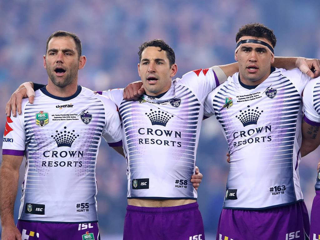 Slater (centre) and Finucane (right) were Storm teammates for four seasons. Picture: Mark Kolbe/Getty Images