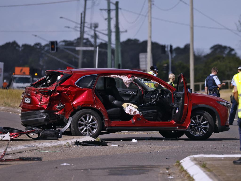 The car involved in a fatal crash with two motorbikes at Prospect on Tuesday. The driver was rushed to hospital. Picture: Sam Ruttyn