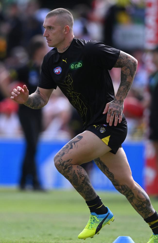 Dustin Martin warms up for the clash against St Kilda. Picture: Mark Brake/Getty Images