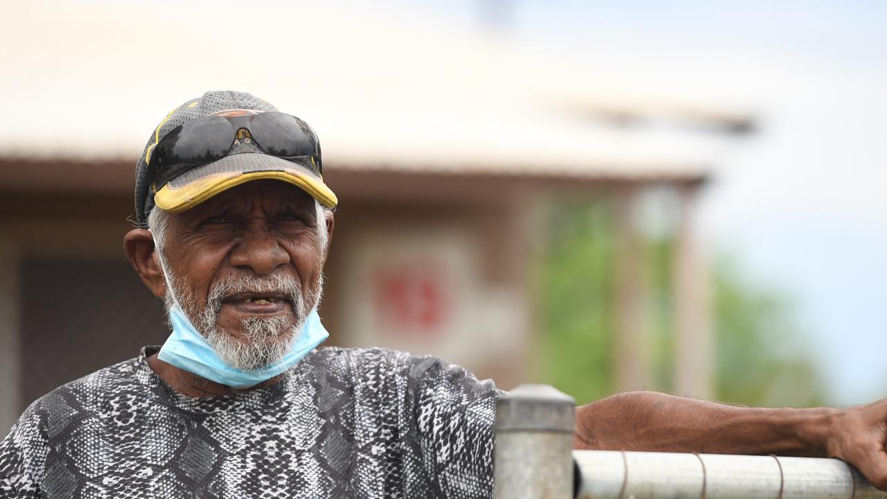 Rockhole residents Uncle Kevin take his first steps outside after a week long hard lockdown. Picture: Amanda Parkinson