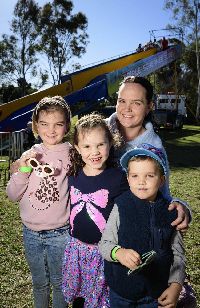 Sam Death with kids (from left) Payten Belford, Maisey Death and Miles Death at Sadie's Day Out. The event, a special celebration of the life of five-year-old crash victim Sadie, was held at Cambooya State School, Saturday, June 7, 2025. Picture: Kevin Farmer