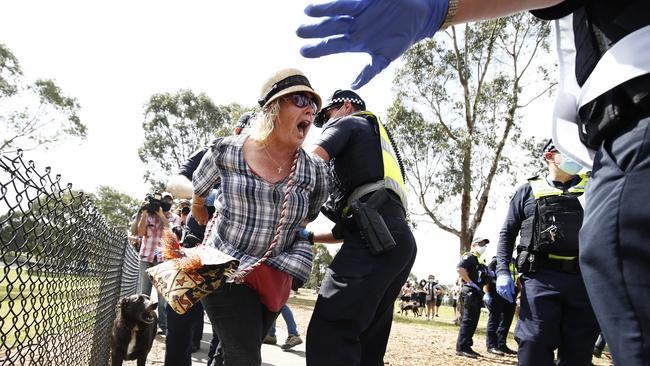 A protester is arrested during a Freedom Day protest in Melbourne. Picture: NCA NewsWire / Daniel Pockett