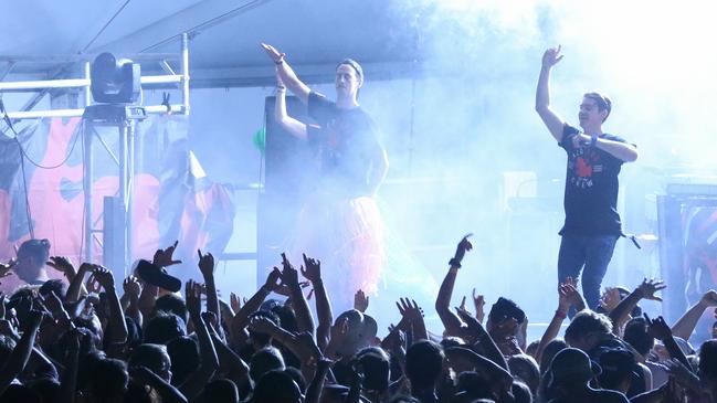 Schoolies celebrations at Surfers Paradise on the Gold Coast. Schoolies party on the beach at the Red Frog stage. Picture Glenn Hampson