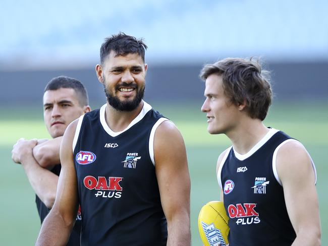 23/03/18 - AFL - Port Adelaide training (Captains Run) at Adelaide Oval.  Tom Rockliff, Paddy Ryder and Jared Polec. Picture Sarah Reed