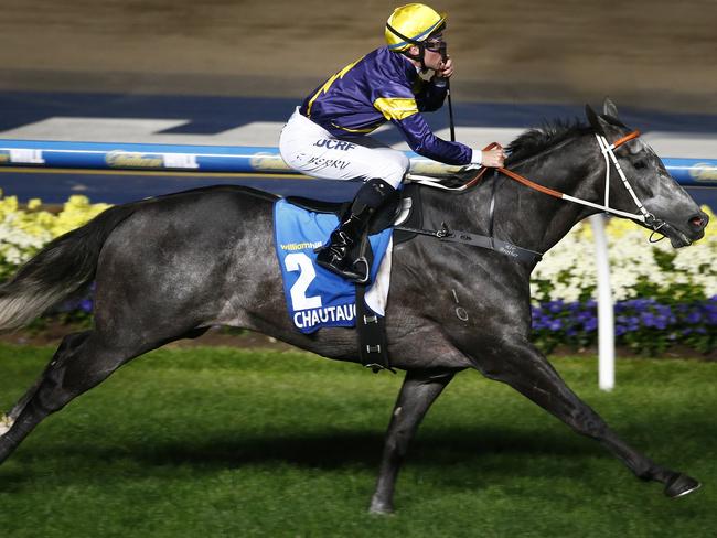 Tommy Berry kisses his whip as Chautauqua powers to victory in the Manikato Stakes. Picture: Colleen Petch