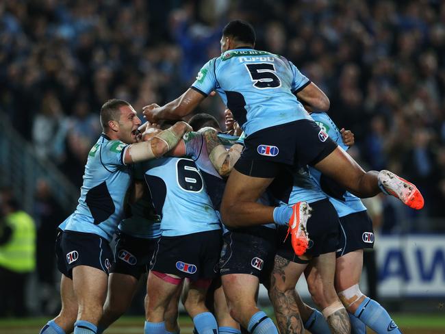 NSW celebrate Trent Hodkinson’s try during game two of State of Origin series against Queensland.