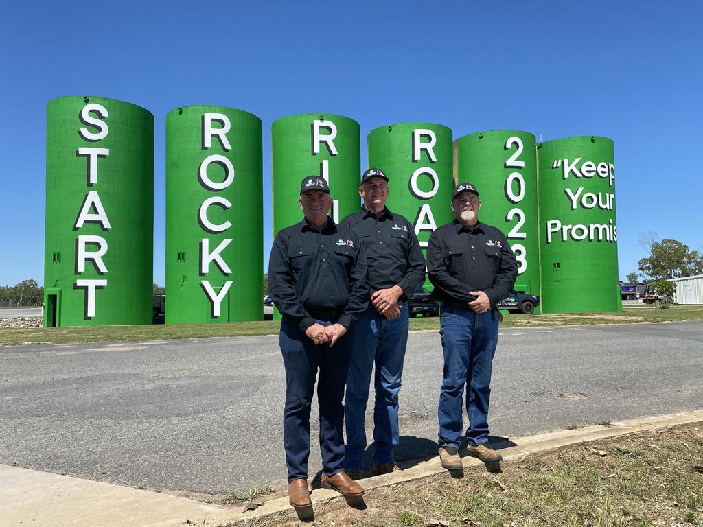 Grantley Jack, Jason Thomasson and Jack Trenaman from the Start Rockhampton Ring Road group in front of the painted silos at Parkhurst.