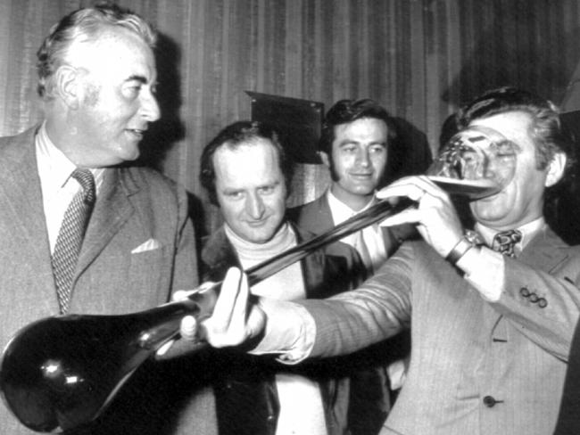 ACTU President Bob Hawke (R) drinking, & Prime Minister Gough Whitlam (L) in 1972
