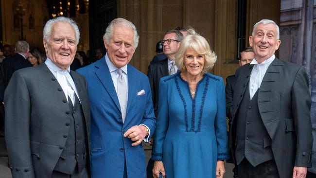 Britain's King Charles and Britain's Camilla, Queen Consort pose with Britain's Lord Speaker of the House of Lords (left) and Speaker of the House of Commons Lindsay Hoyle (right) at Westminster Hall at the Palace of Westminster on May, 2, 2023. Picture: Arthur Edwards/AFP