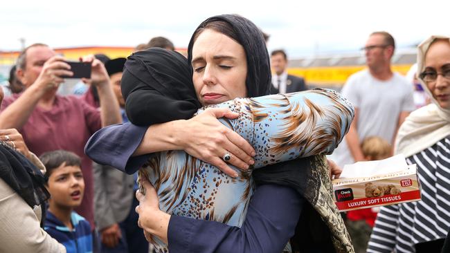 Prime Minister Jacinda Ardern hugs a mosque-goer at the Kilbirnie Mosque in 2019 after the Christchurch mass shooting.