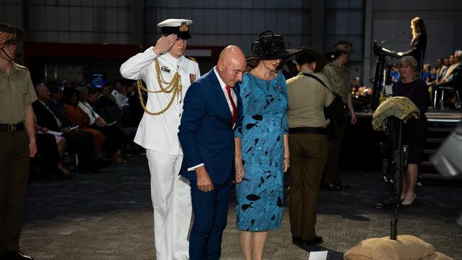 His Honour Professor the Honourable Hugh Heggie AO PSM and Ms Ruth Eirwen Jones as the Top End community gathered at the Darwin Convention Centre to commemorate the Bombing of Darwin. Picture: Pema Tamang Pakhrin