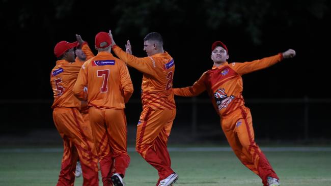 Barrier Reef Big Bash Game 1: Badgers v Hurricanes at Griffiths Park. Badgers players celabrate taking a wicket. Picture: Stewart McLean