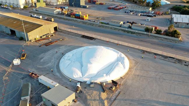 The 42-metre tall "Domesilo" cement storage dome being inflated at Hallett’s Green Cement Distribution Hub. Picture: Hallett Concrete