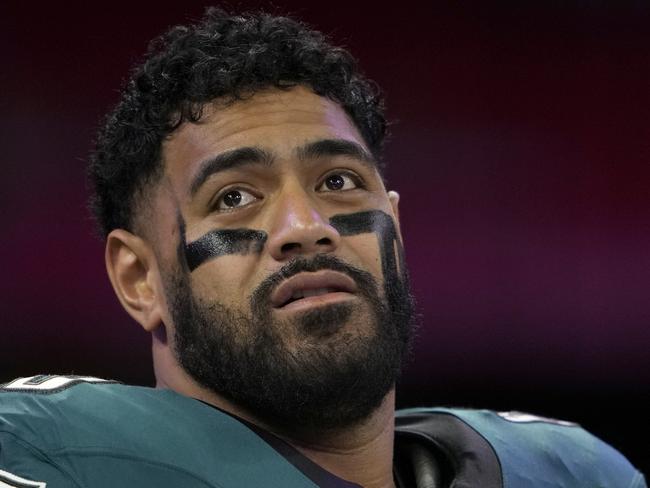 Philadelphia Eagles offensive tackle Jordan Mailata (68) is seen prior to the first half of the NFL Super Bowl 59 football game, Sunday, Feb. 9, 2025, in New Orleans. (AP Photo/Doug Benc)