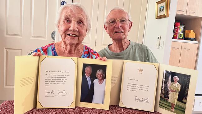 Cairns couple Margaret and Graham Cossins received letters from Queen Elizabeth I and King Charles III to celebrate their 50th and 70th wedding anniversaries, respectively. Photo: Supplied.