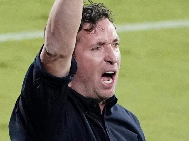 Roar coach Robbie Fowler reacts during the Round 24 A-League match between Brisbane Roar and Newcastle Jets at CBus Super Stadium on the Gold Coast, Friday, March 20, 2020. (AAP Image/Dave Hunt) NO ARCHIVING, EDITORIAL USE ONLY