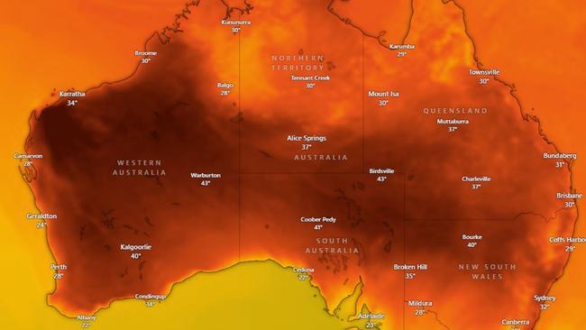 Heatwave in three states on Sunday. Picture: Windy