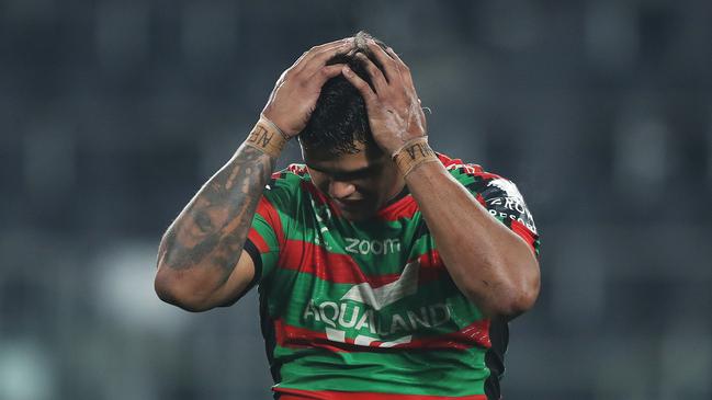 Latrell Mitchell reacts during South Sydney’s clash with Wests Tigers. Picture: Brett Costello