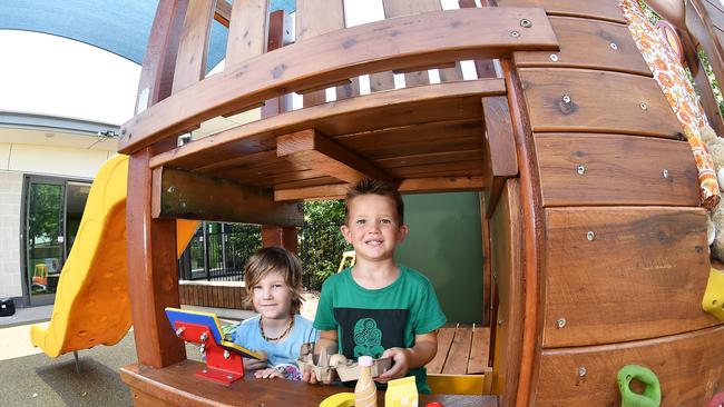 The North Shore Community centre has opened a brand-new playground that is design not help children with autism and other disabilities through giving them a big safe place to play. Pictured, Hunter Page, 4, and Blake Rydwansk, 4. Photo Patrick Woods / Sunshine Coast Daily.