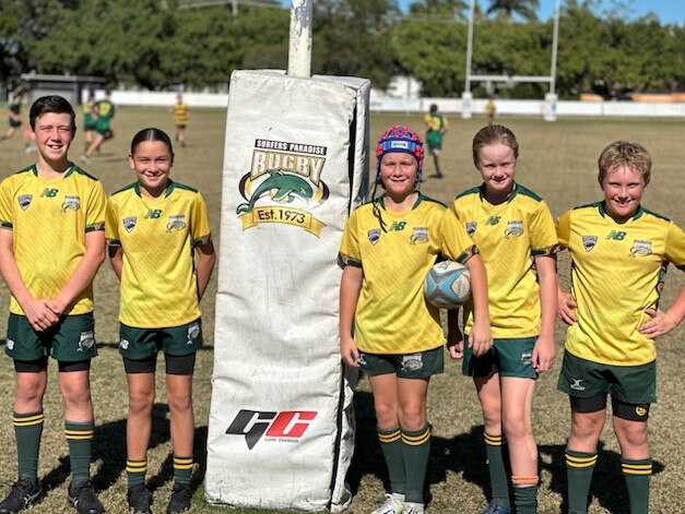 Surfers Paradise rugby union juniors (from left) Jacob Nancarrow, Te Anahera Walton, Flynn Webster, Dakota Curran and Sebastian Page. Picture: Supplied.